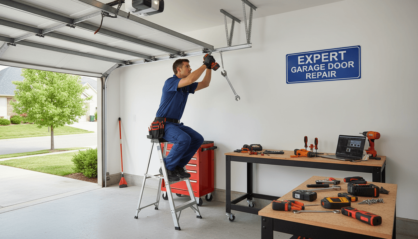Professional garage door technician performing repair work on residential garage door