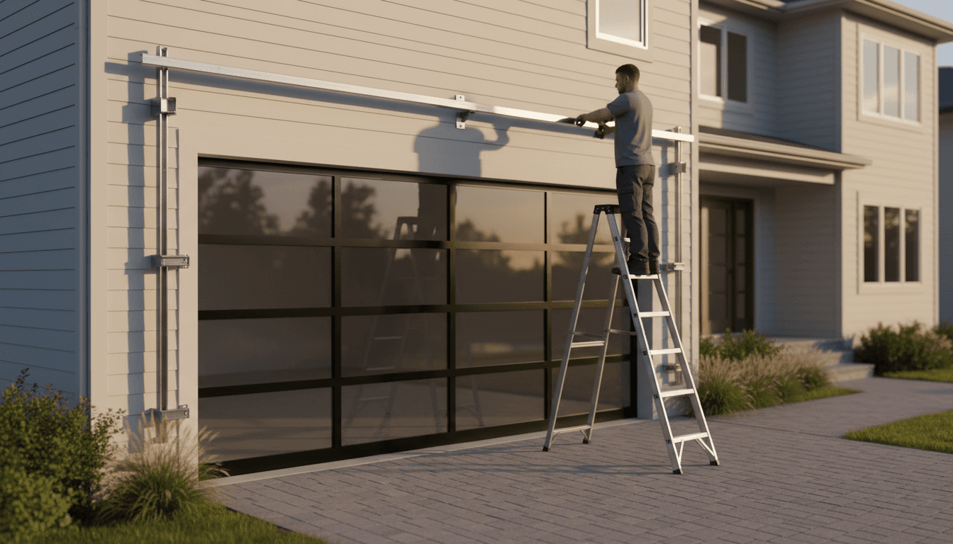 Technician installing a new garage door on a Louisville home