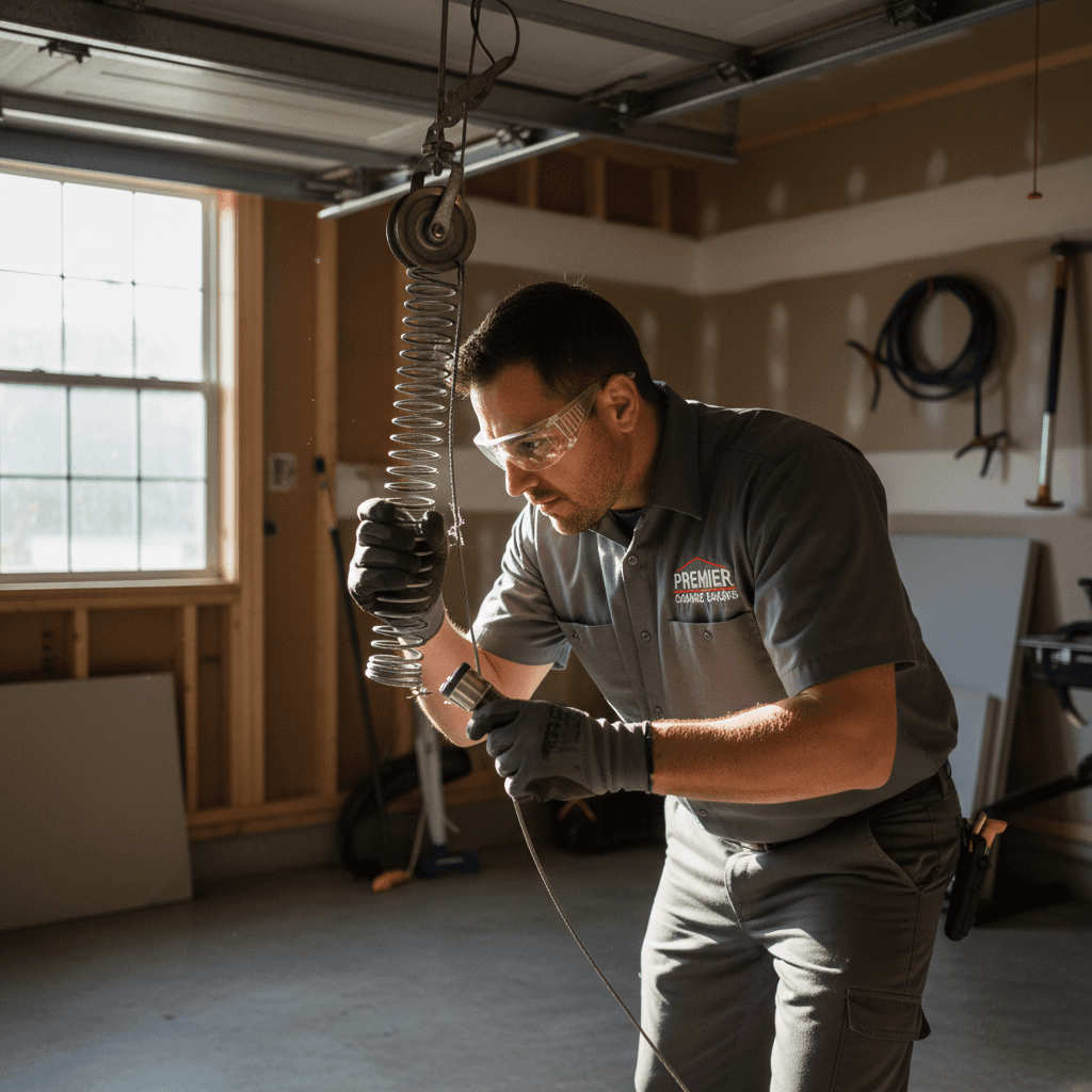 Garage door repair technician working on door mechanism