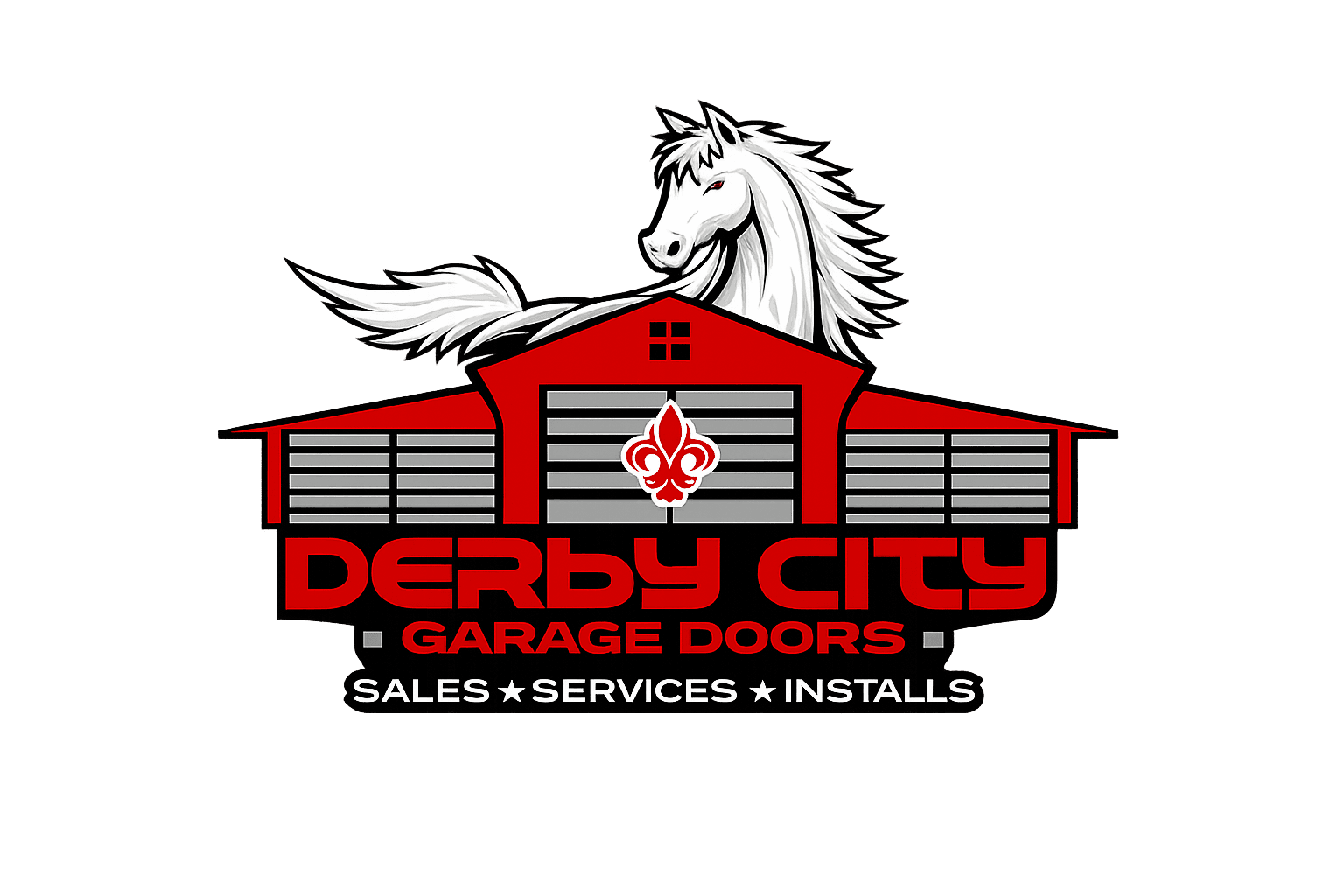 Derby City Garage Doors logo with a white horse, red barn, and fleur-de-lis emblem.